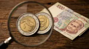 Moneta da 1000 lire bimetallica del 1997 e banconota con ritratto di Maria Montessori