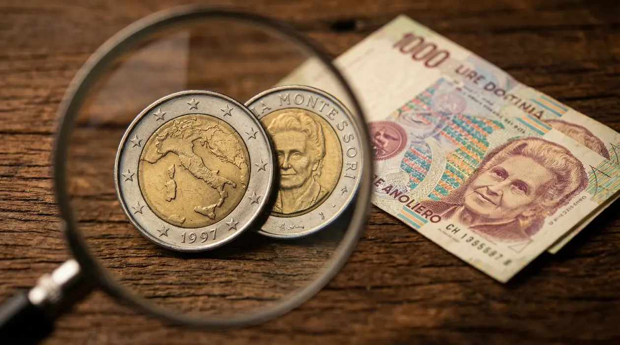 Moneta da 1000 lire bimetallica del 1997 e banconota con ritratto di Maria Montessori