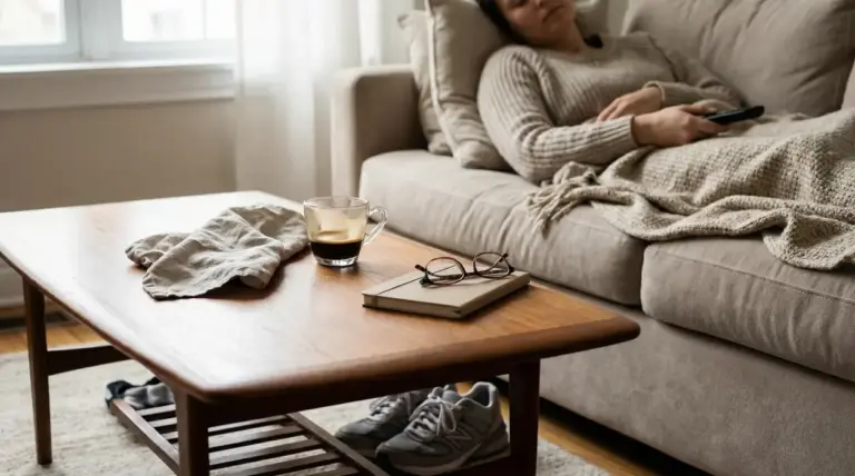 Una persona riposa sul divano coperta da una coperta, con una tazza di caffè su un tavolino davanti