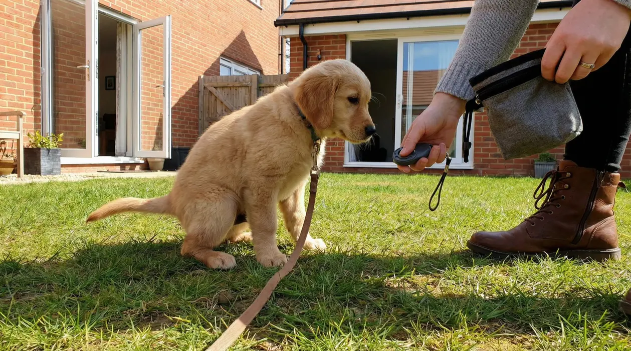 Cucciolo seduto in giardino con una persona che tiene un clicker per l'addestramento