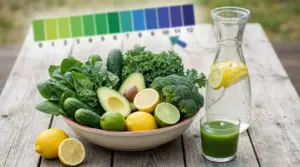 Ciotola con verdure verdi e agrumi freschi accanto a una caraffa d'acqua con limone e un succo verde