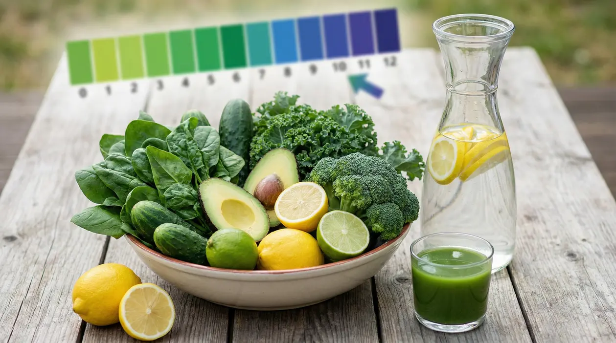 Ciotola con verdure verdi e agrumi freschi accanto a una caraffa d'acqua con limone e un succo verde