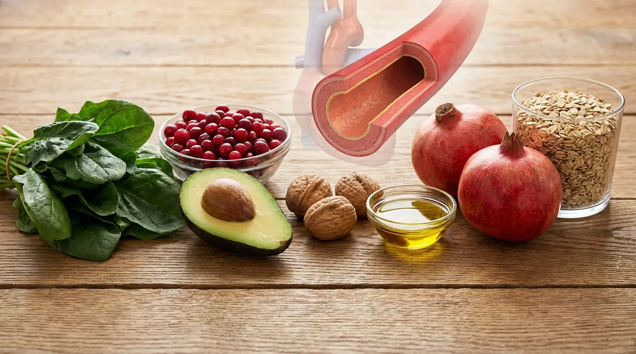 Alimenti naturali su un tavolo di legno, inclusi avocado, spinaci, noci, melograno e cereali