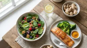 Piatto con salmone, broccoli, curcuma e insalata con frutti di bosco e noci su tavolo in legno