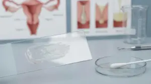 Campione di muco vaginale su vetrino in laboratorio ginecologico