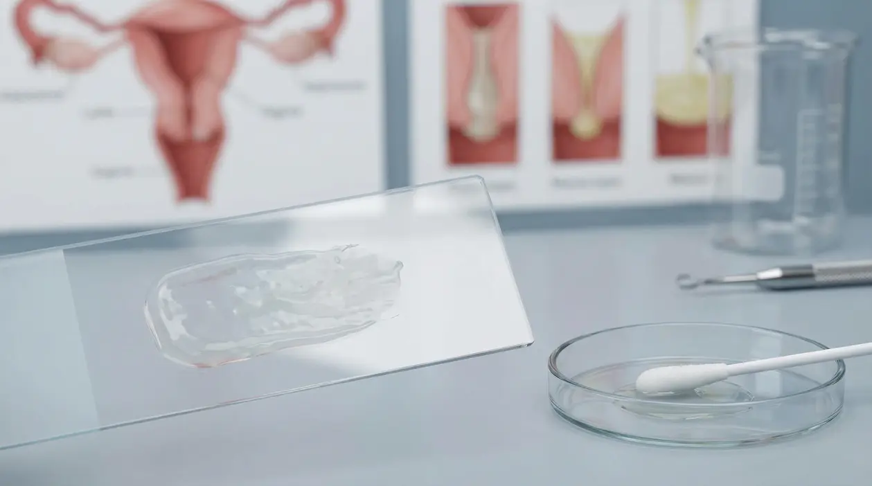 Campione di muco vaginale su vetrino in laboratorio ginecologico