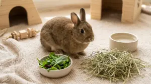 Coniglio nano marrone accanto a ciotole di verdure fresche, fieno e acqua su una coperta