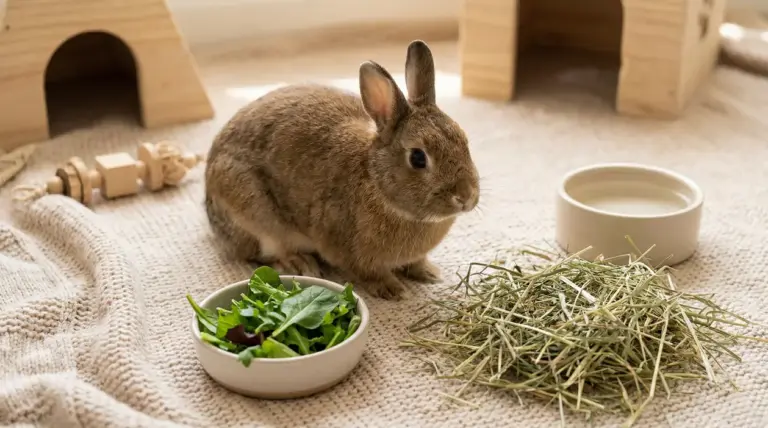 Coniglio nano marrone accanto a ciotole di verdure fresche, fieno e acqua su una coperta