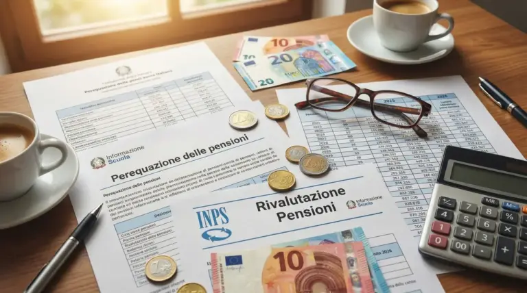 Documenti su rivalutazione delle pensioni, euro, calcolatrice e tazzine di caffè su un tavolo.