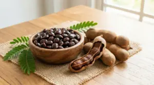 Semi di tamarindo in una ciotola di legno accanto a frutti interi su un tavolo