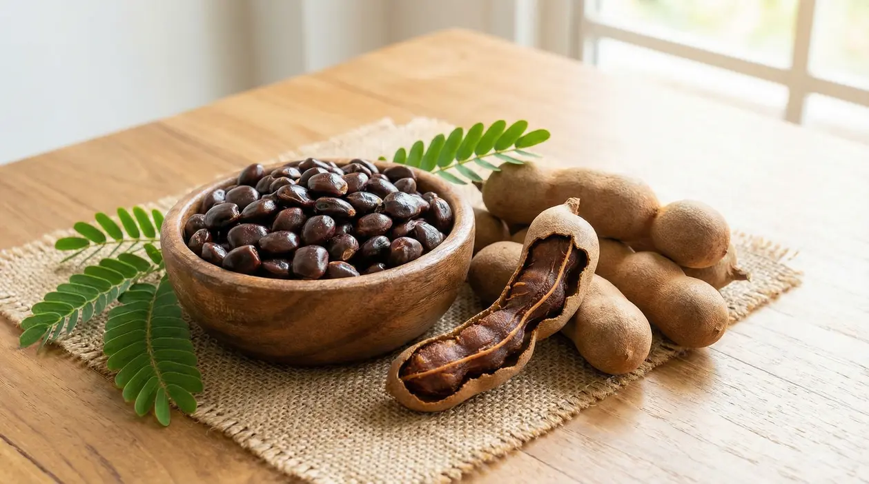 Semi di tamarindo in una ciotola di legno accanto a frutti interi su un tavolo