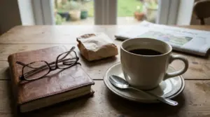 Tazza di caffè non zuccherato su un tavolo accanto a un libro, occhiali e un giornale
