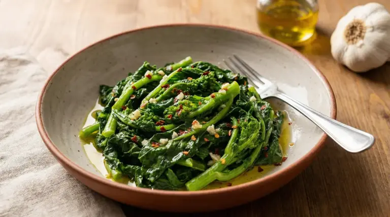 Cime di rapa cotte servite in un piatto fondo con olio, aglio e peperoncino