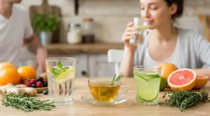 Bevande detox a base di acqua con erbe e frutta su un tavolo di legno