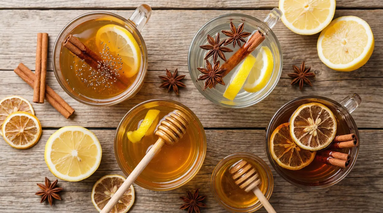Tazze di bevande calde con limone, cannella, anice stellato e miele su tavolo in legno