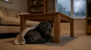 Cane spaventato nascosto sotto un tavolino durante un temporale