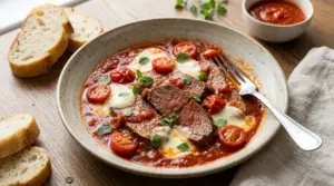 Piatto di carne alla pizzaiola con pomodorini, mozzarella e origano servito con fette di pane