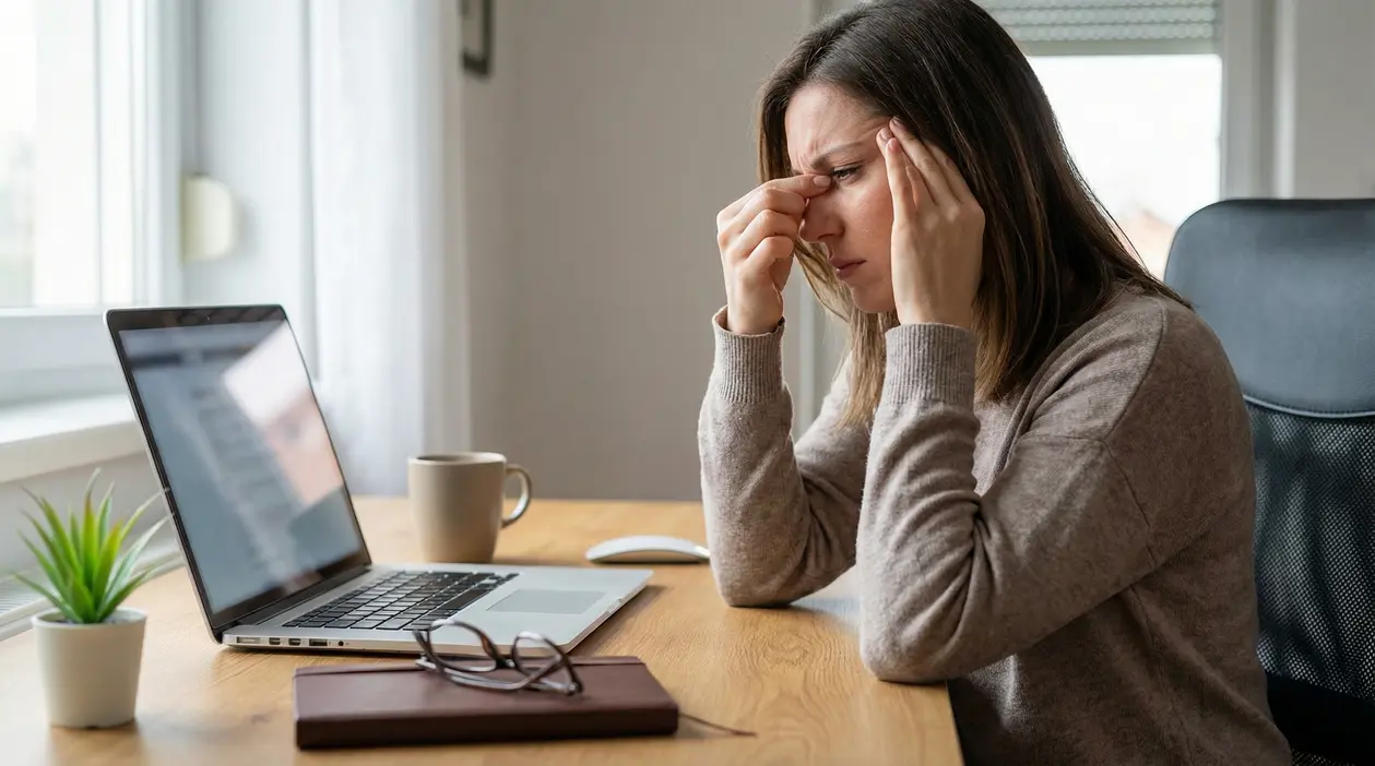 Persona seduta alla scrivania con computer portatile, visibilmente affaticata e con mal di testa