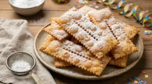 Chiacchiere di Carnevale dorate e friabili cosparse di zucchero a velo su un piatto.