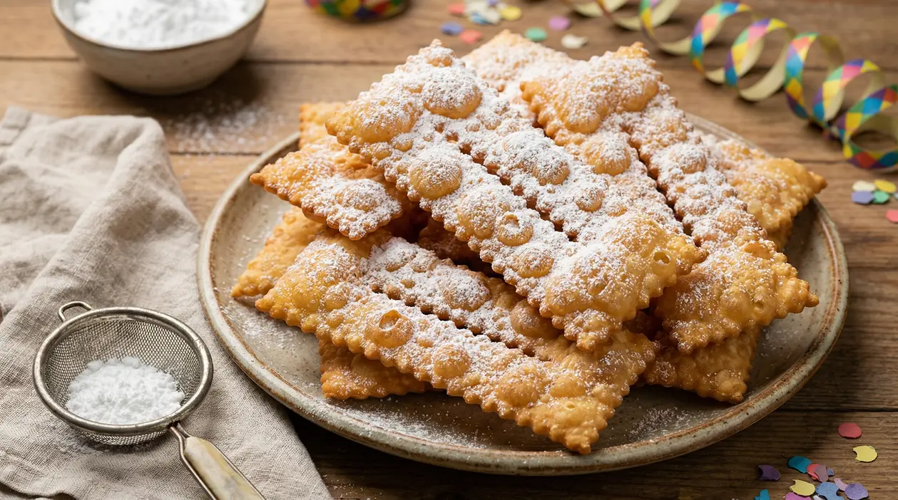 Chiacchiere di Carnevale dorate e friabili cosparse di zucchero a velo su un piatto.