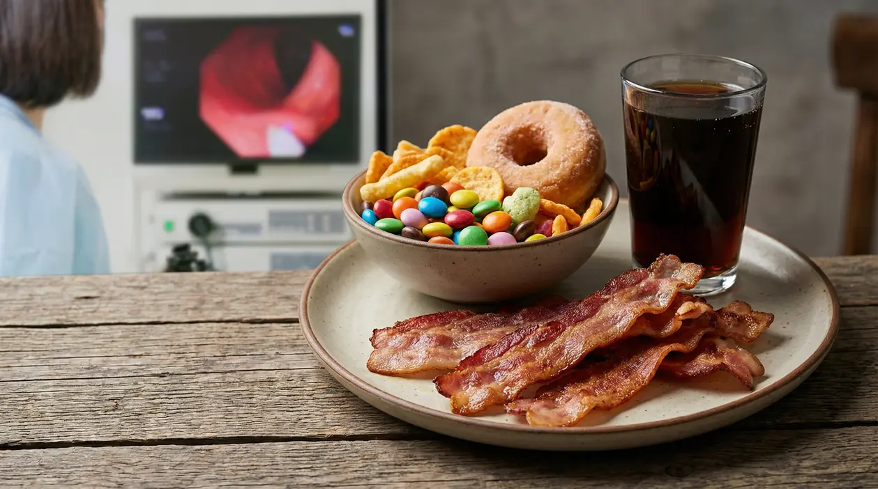 Piatti con bacon, snack confezionati, dolci e bibita davanti a monitor medico