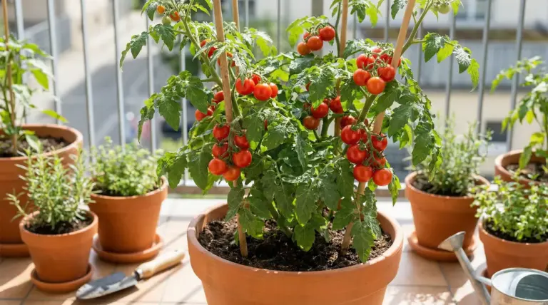 Pianta di pomodori maturi in vaso su un balcone con altre erbe aromatiche intorno