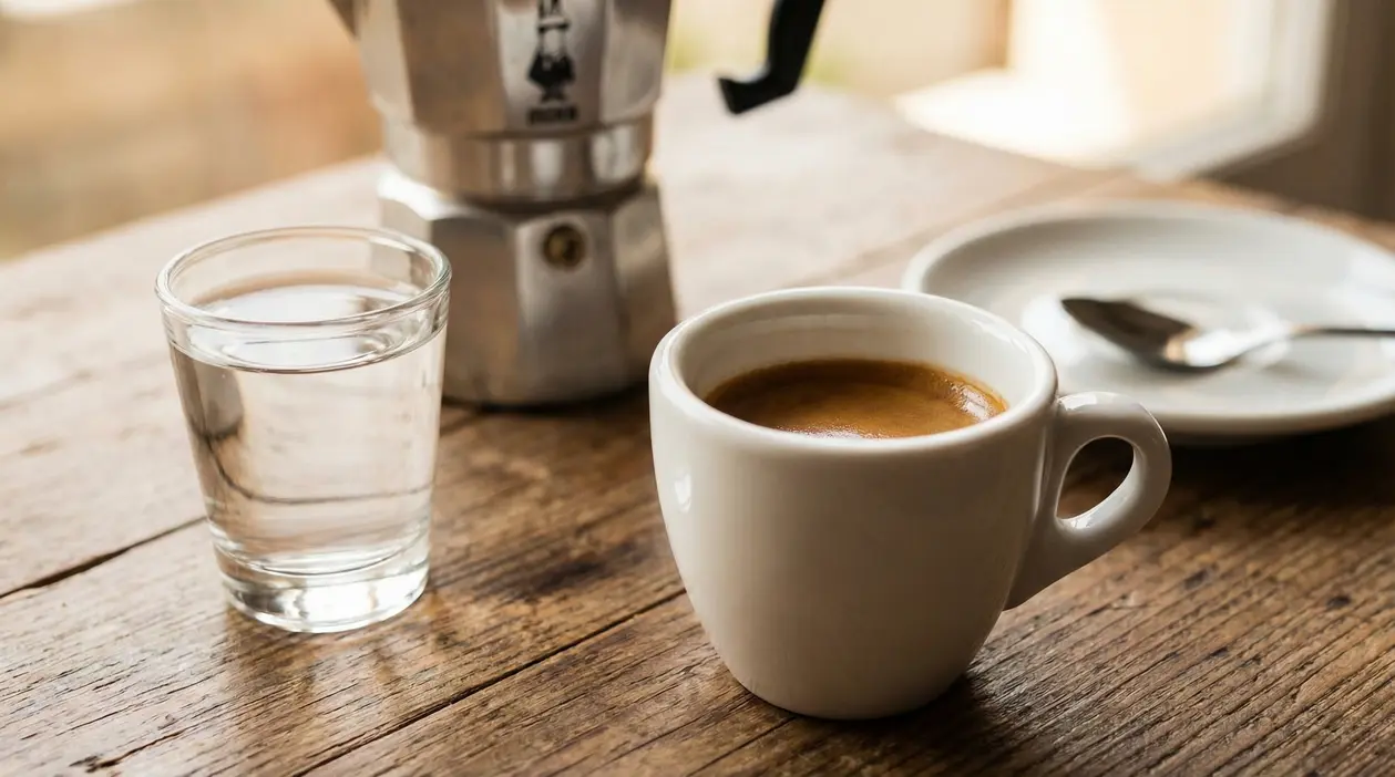 Tazzina di caffè su tavolo in legno con bicchiere d'acqua e moka sullo sfondo