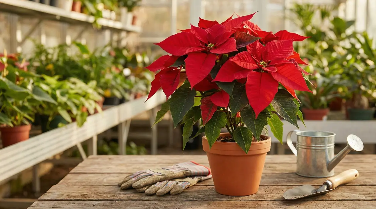 Pianta di stella di Natale in vaso su un tavolo da giardino in una serra