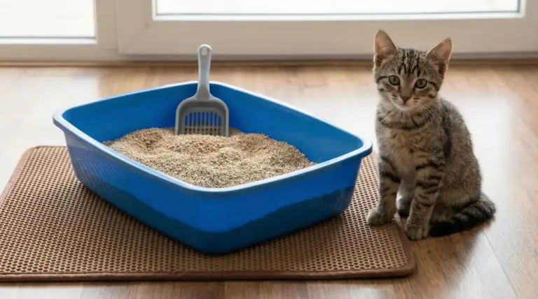 Gattino seduto accanto a una lettiera blu piena di sabbia su tappetino marrone