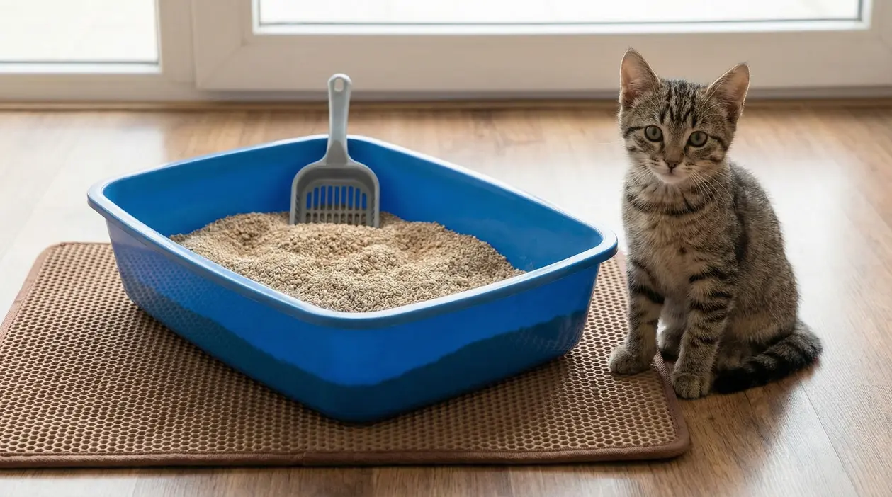 Gattino seduto accanto a una lettiera blu piena di sabbia su tappetino marrone