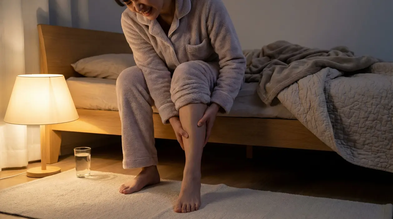 Persona seduta sul letto che si massaggia la gamba con espressione di dolore