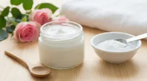 Crema in barattolo con bicarbonato in ciotola su tavolo di legno