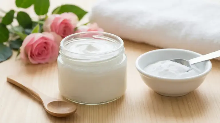 Crema in barattolo con bicarbonato in ciotola su tavolo di legno