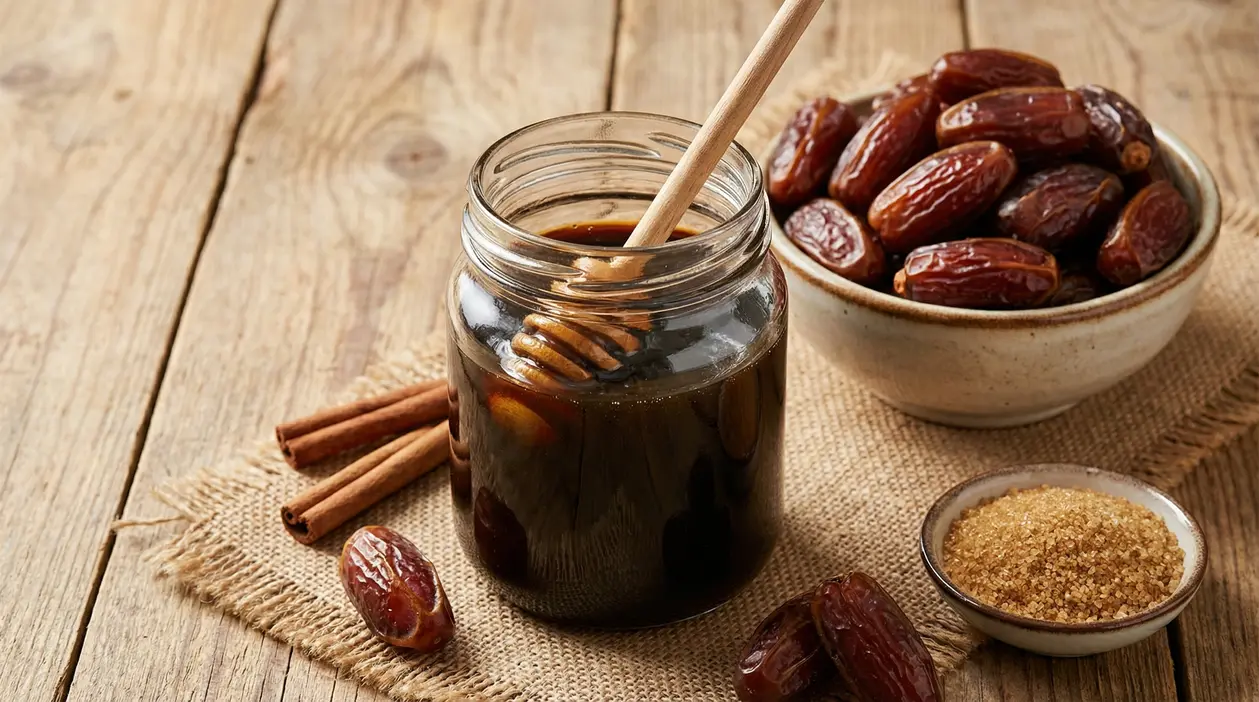 Barattolo di sciroppo di datteri con cucchiaio, datteri secchi e zucchero grezzo su tavolo di legno