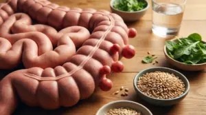 Modello del colon con diverticoli accanto a ciotole di cereali integrali e verdure