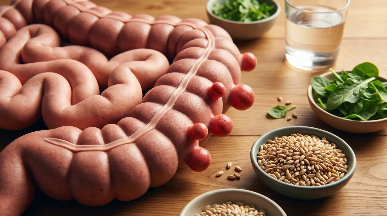 Modello del colon con diverticoli accanto a ciotole di cereali integrali e verdure