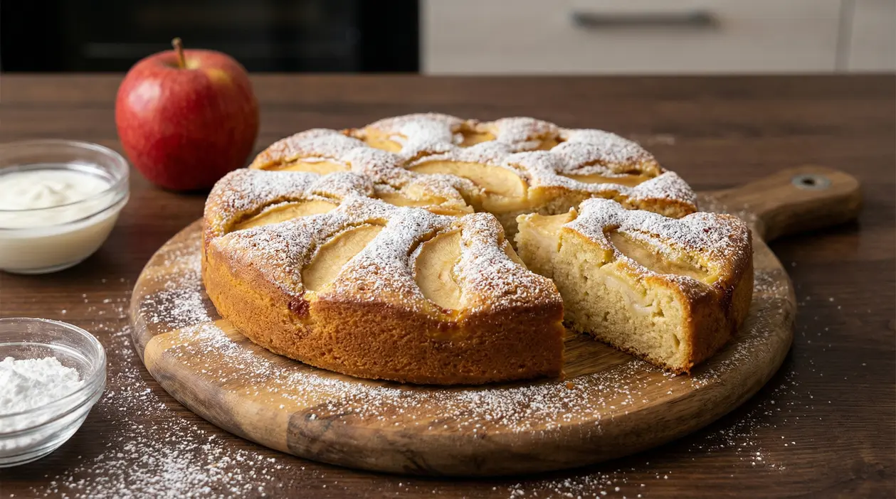 Torta soffice alle mele e yogurt spolverata di zucchero a velo su tagliere di legno