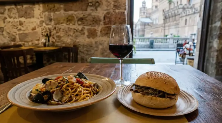 Piatto di pasta ai frutti di mare, panino e bicchiere di vino rosso su tavolo in ristorante a Palermo