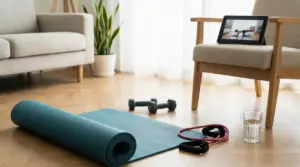 Tappetino da yoga, pesi e tablet con video di esercizi in un soggiorno