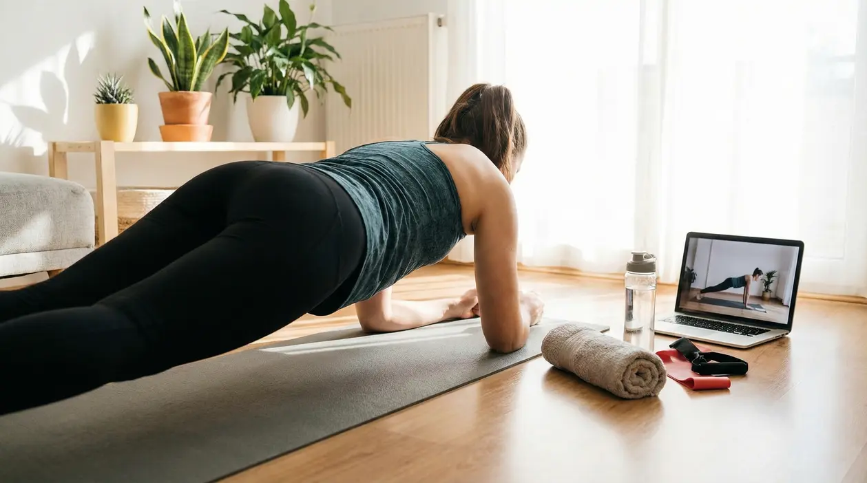 Persona che segue un allenamento online su tappetino da yoga in soggiorno