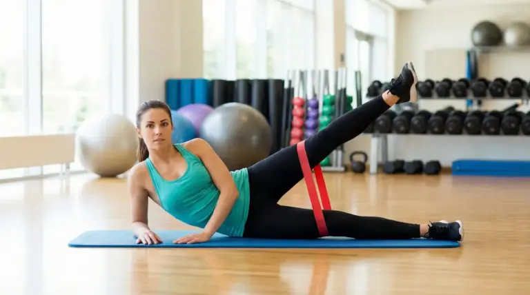 Persona che esegue esercizio per le gambe con banda elastica su tappetino in palestra