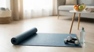 Tappetino da yoga con manubri e bottiglia d'acqua su un pavimento di legno in un salotto luminoso