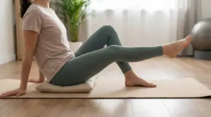 Persona seduta su un tappetino che esegue un esercizio per il ginocchio sollevando una gamba