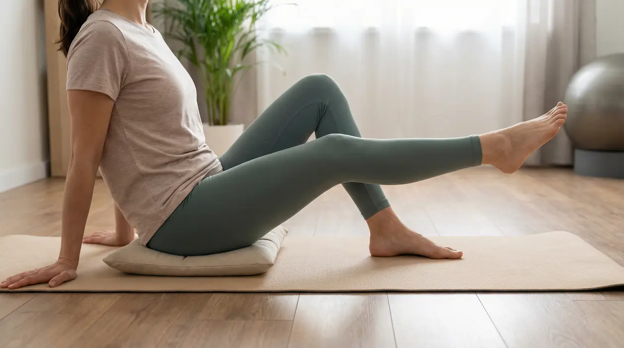 Persona seduta su un tappetino che esegue un esercizio per il ginocchio sollevando una gamba