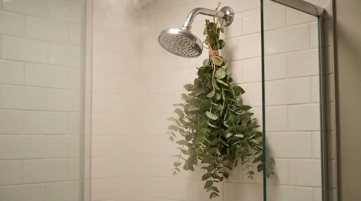 Mazzo di eucalipto appeso al soffione della doccia in un bagno con piastrelle bianche