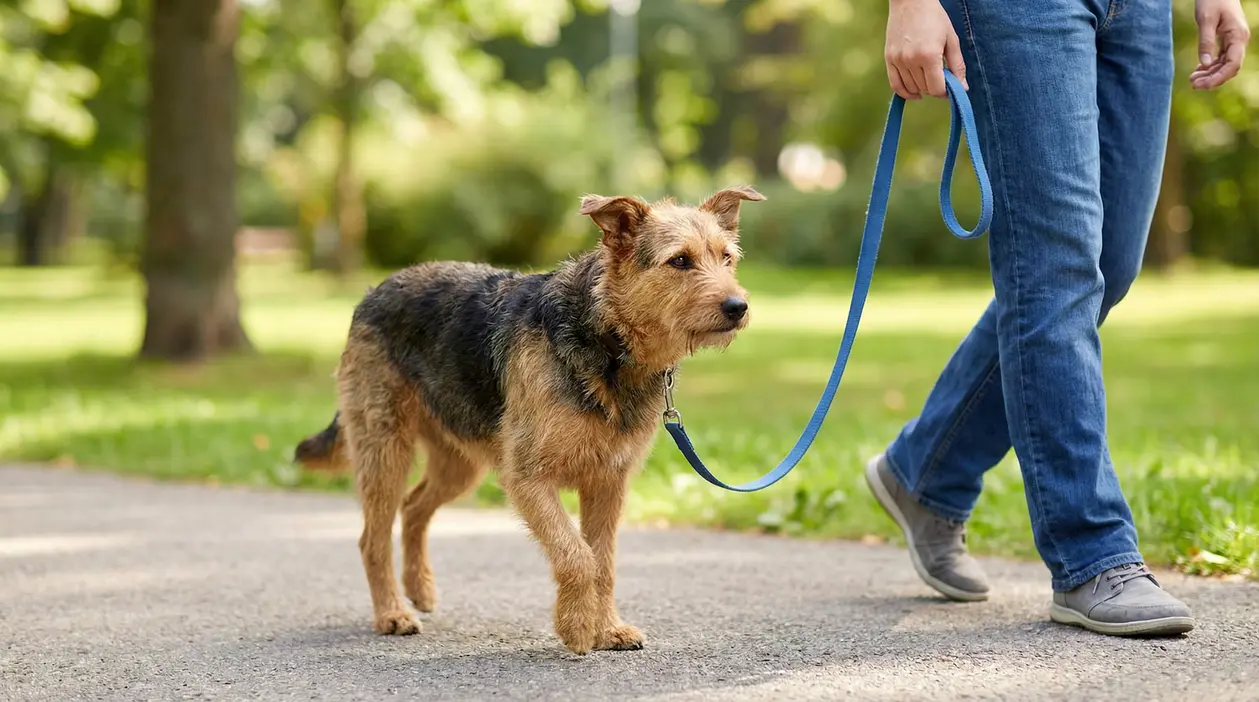 Cane al guinzaglio che cammina accanto a una persona in un parco