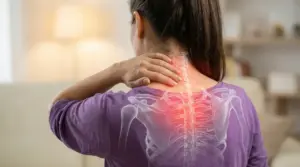 Persona vista di spalle con dolore al collo e alla schiena evidenziato