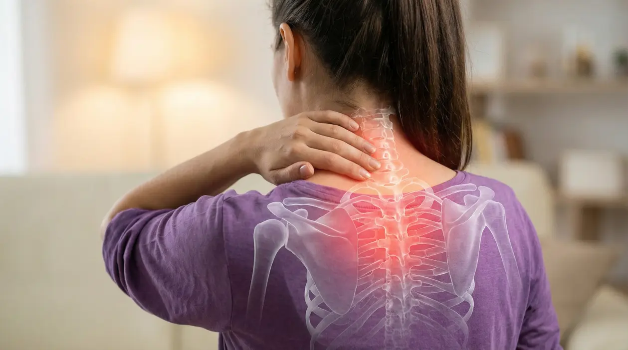 Persona vista di spalle con dolore al collo e alla schiena evidenziato