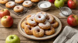 Frittelle di mele al forno servite su un piatto con zucchero a velo, circondate da mele fresche.