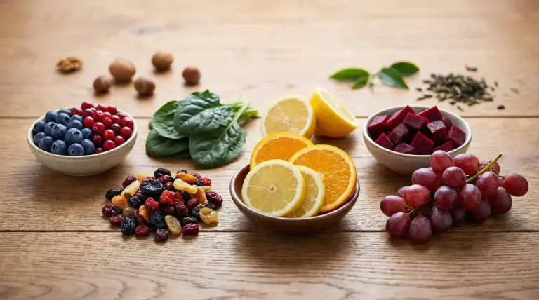 Frutta, verdura e frutta secca ricche di antiossidanti naturali disposte su un tavolo